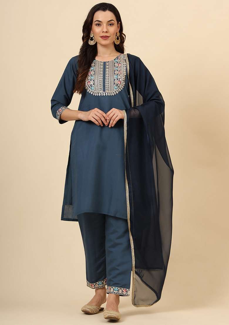 Teal Blue Embroidered Silk Blend Kurta Set - Indya