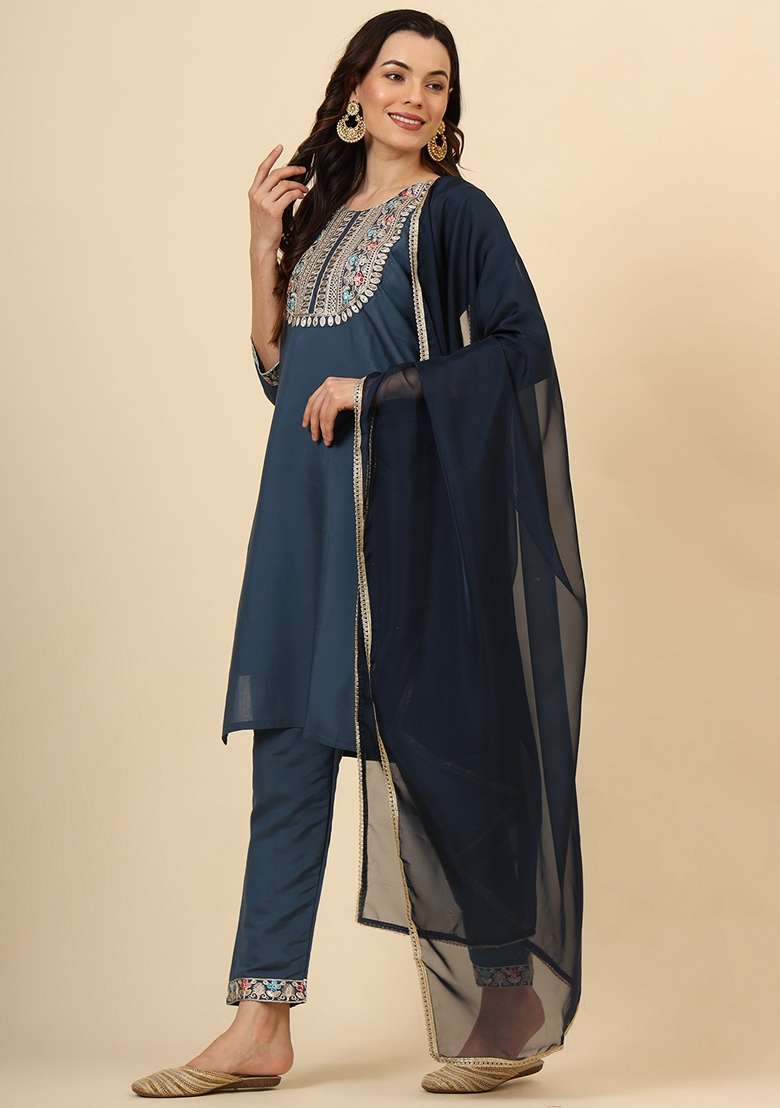 Teal Blue Embroidered Silk Blend Kurta Set - Indya