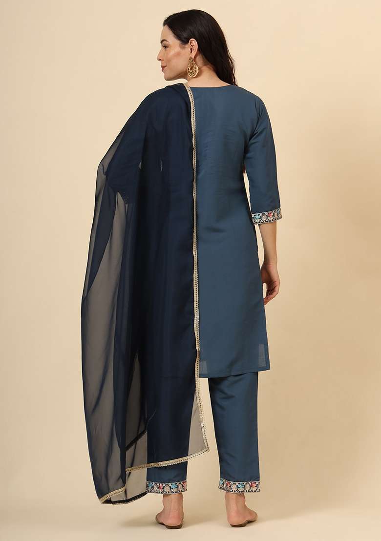 Teal Blue Embroidered Silk Blend Kurta Set - Indya