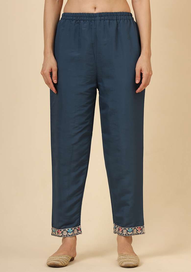 Teal Blue Embroidered Silk Blend Kurta Set - Indya