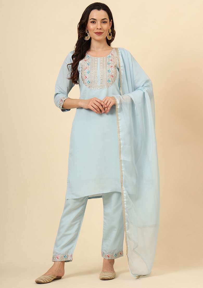 Sky Blue Embroidered Silk Blend Kurta Set - Indya
