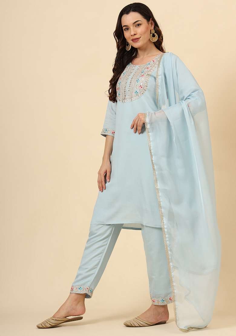 Sky Blue Embroidered Silk Blend Kurta Set - Indya