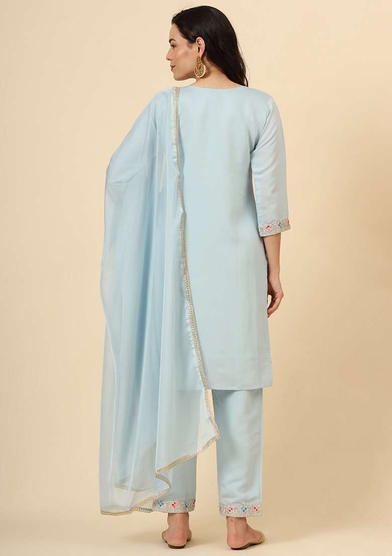 Sky Blue Embroidered Silk Blend Kurta Set - Indya