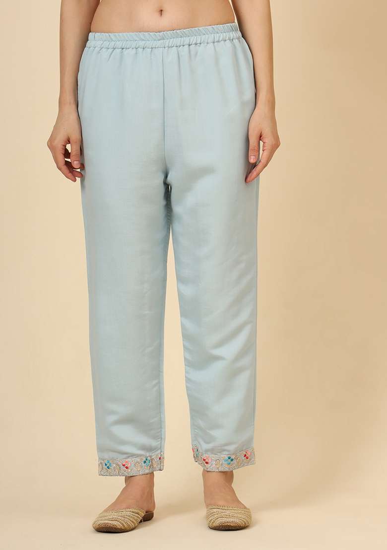 Sky Blue Embroidered Silk Blend Kurta Set - Indya