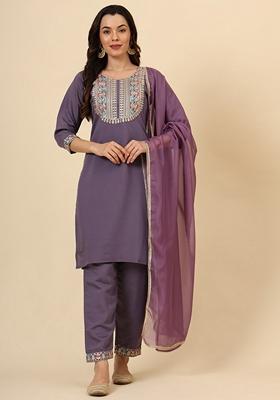 Purple Embroidered Silk Blend Kurta Set