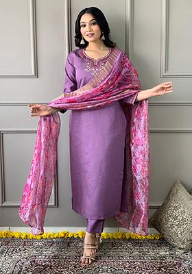 Purple Embroidered Viscose Chanderi Kurta Set