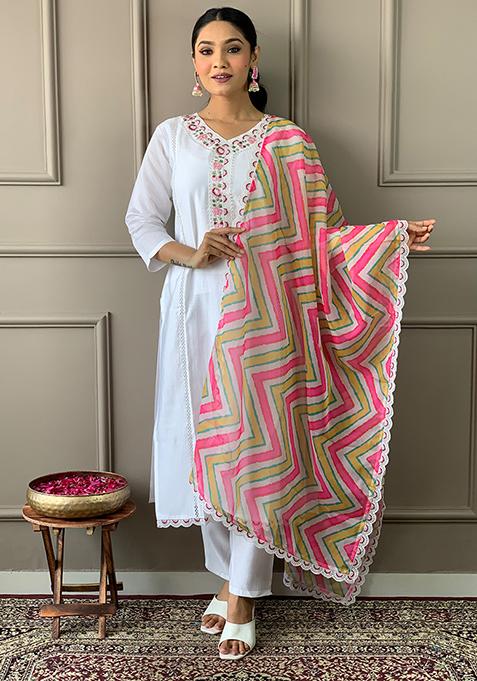White Embroidered Viscose Chanderi Kurta Set