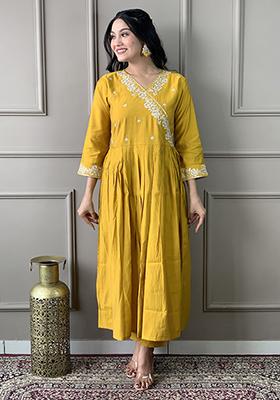Mustard Embroidered Viscose Chanderi Kurta Set