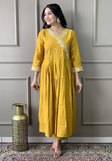 Mustard Embroidered Viscose Chanderi Kurta Set