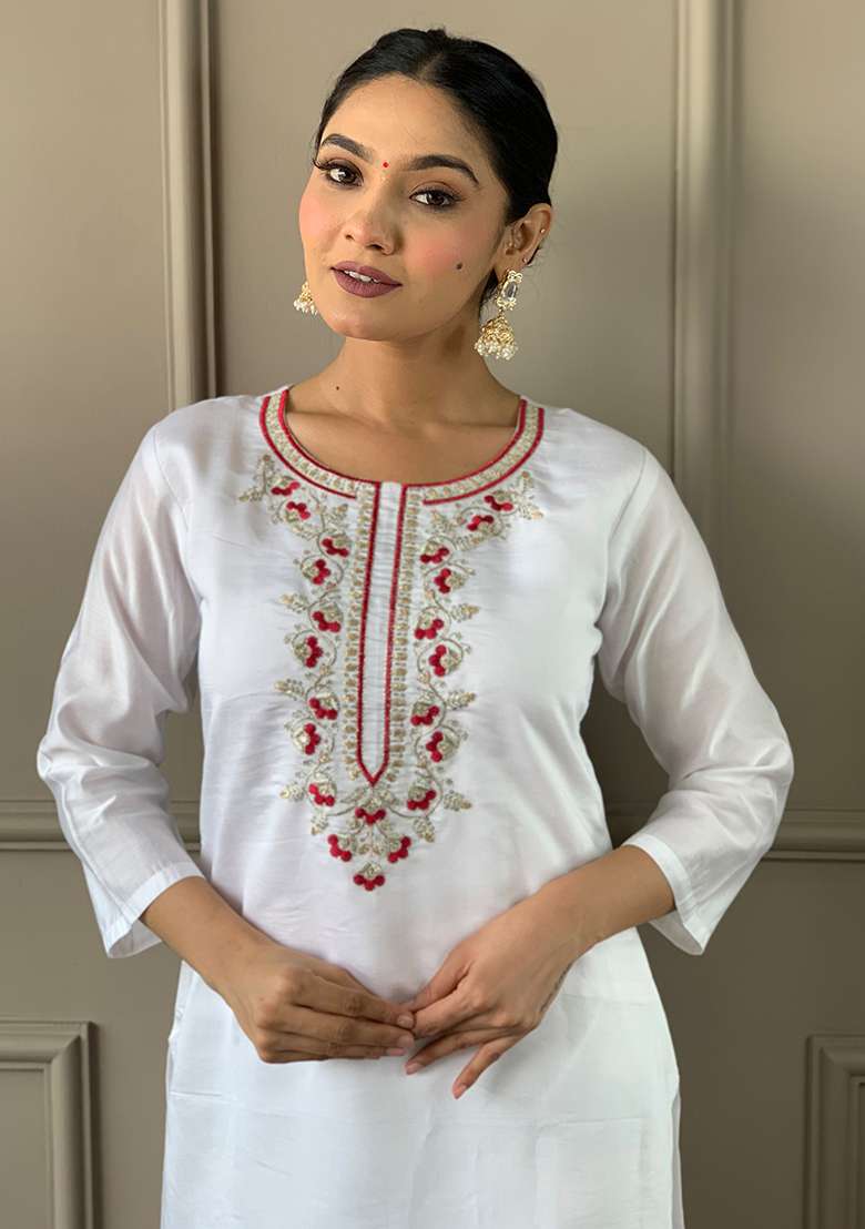 Off White Embroidered Viscose Chanderi Kurta Set - Indya
