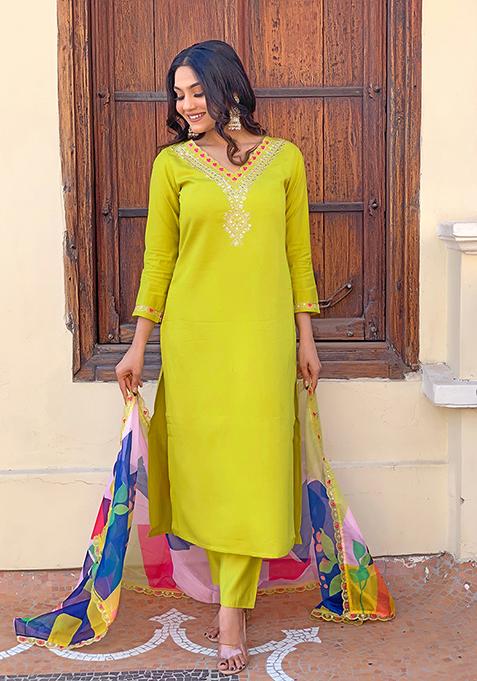 Lemon Yellow Embroidered Viscose Silk Kurta Set