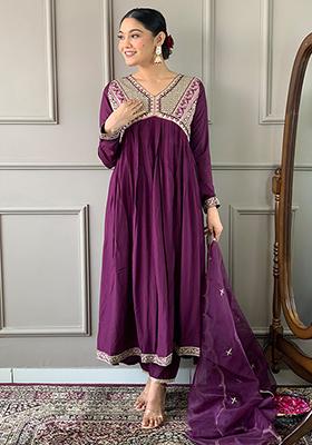 Wine Embroidered Viscose Silk Kurta Set