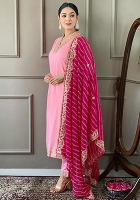 Pink Embroidered Viscose Silk Kurta Set
