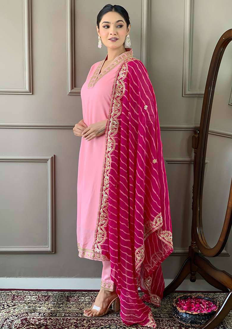 Pink Embroidered Viscose Silk Kurta Set - Indya