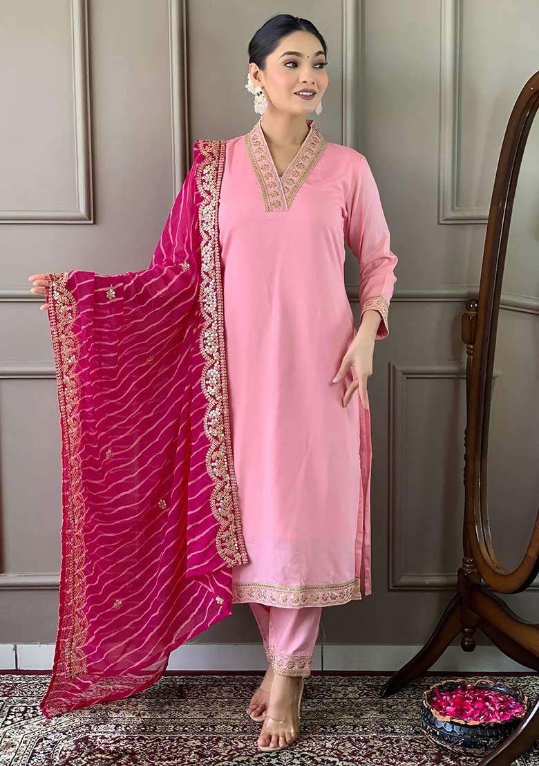 Pink Embroidered Viscose Silk Kurta Set - Indya