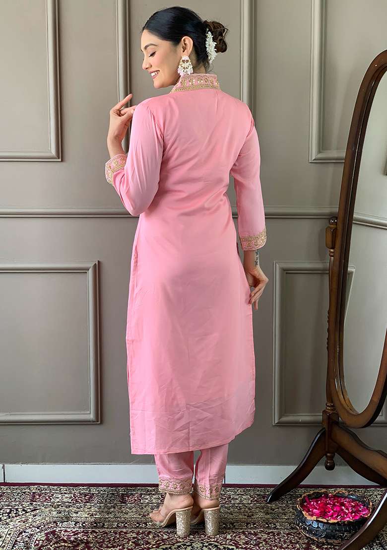 Pink Embroidered Viscose Silk Kurta Set - Indya