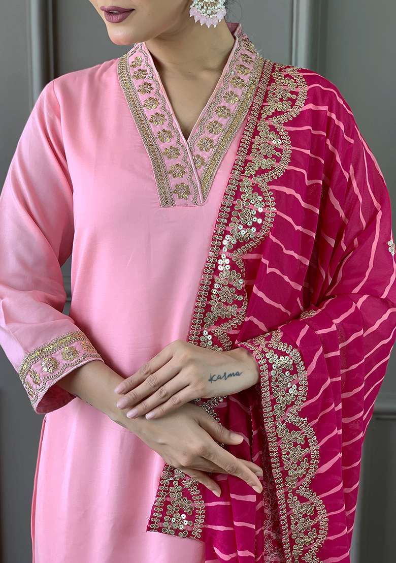 Pink Embroidered Viscose Silk Kurta Set - Indya