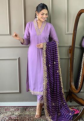 Purple Embroidered Viscose Silk Kurta Set