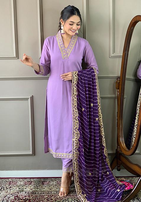 Purple Embroidered Viscose Silk Kurta Set