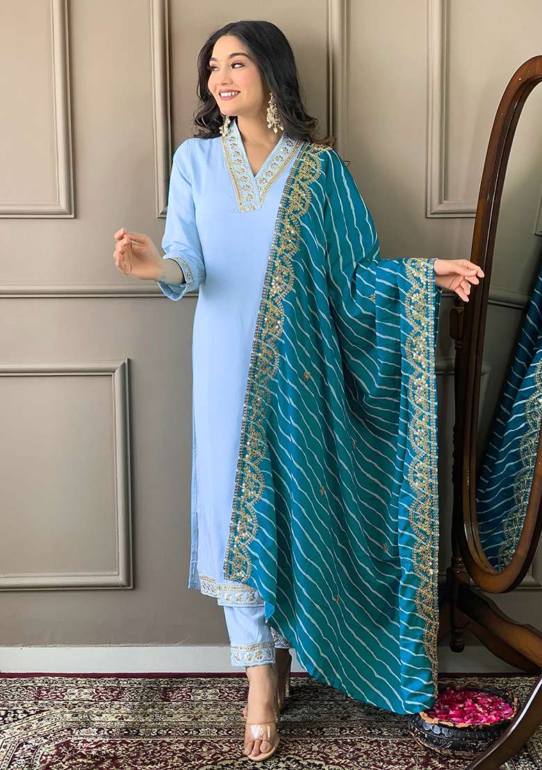 Sky Blue Embroidered Viscose Silk Kurta Set - Indya