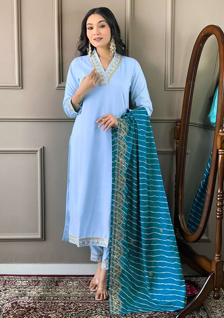Sky Blue Embroidered Viscose Silk Kurta Set - Indya
