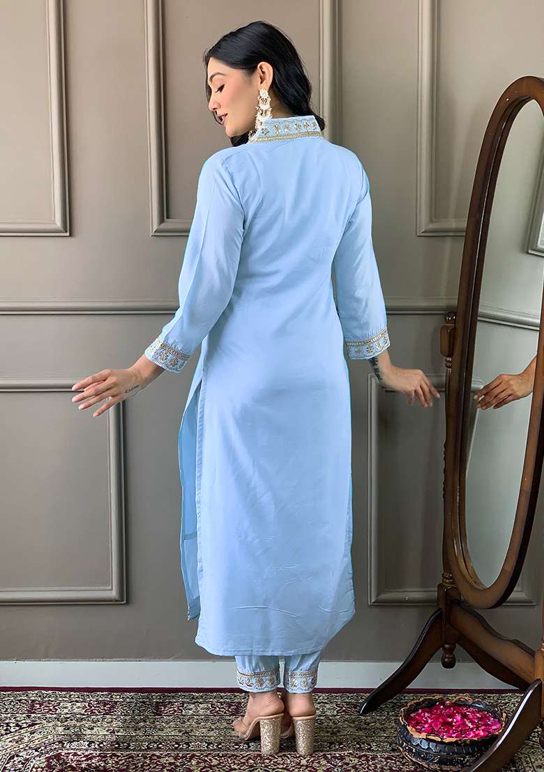 Sky Blue Embroidered Viscose Silk Kurta Set - Indya