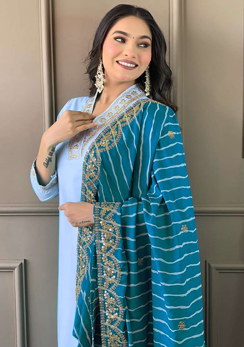 Sky Blue Embroidered Viscose Silk Kurta Set - Indya