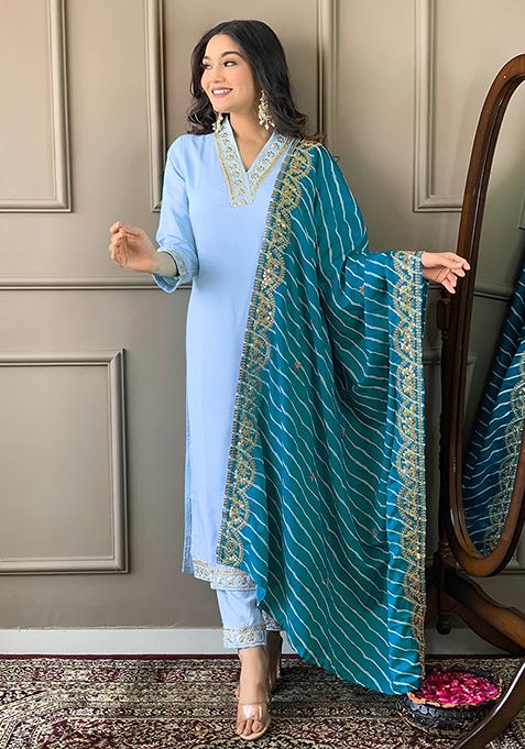 Sky Blue Embroidered Viscose Silk Kurta Set
