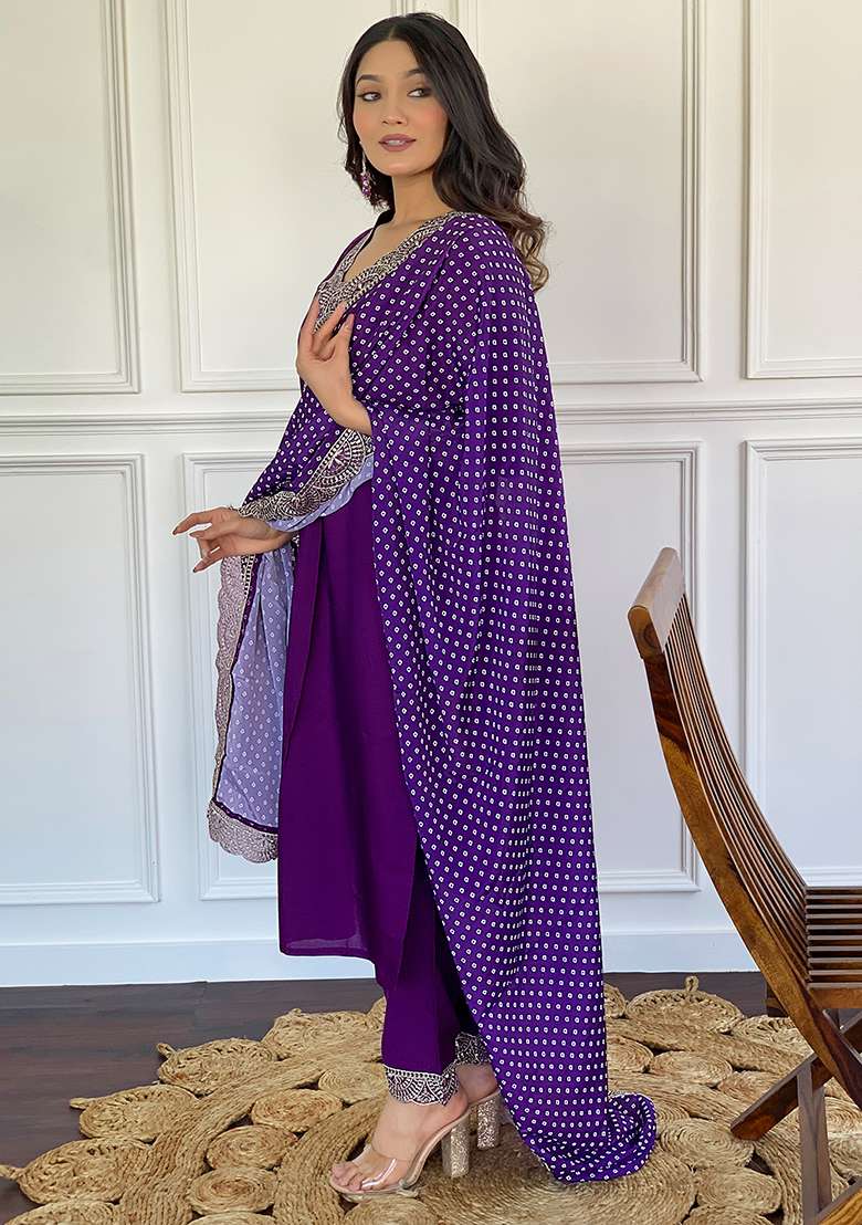 Wine Embroidered Viscose Silk Kurta Set - Indya