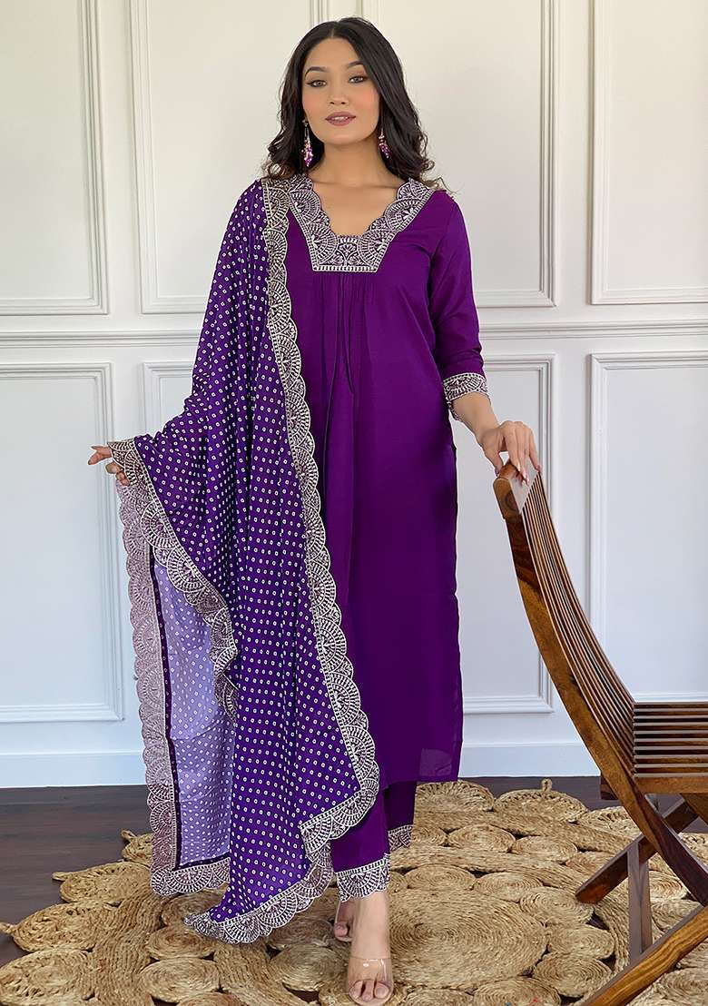 Wine Embroidered Viscose Silk Kurta Set - Indya
