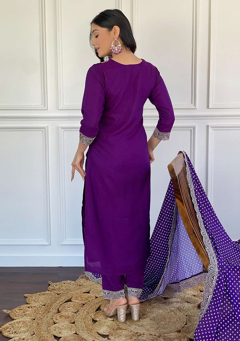 Wine Embroidered Viscose Silk Kurta Set - Indya