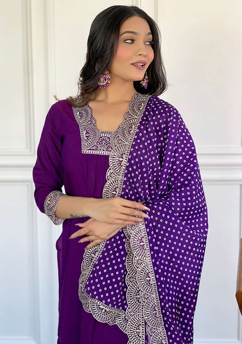 Wine Embroidered Viscose Silk Kurta Set - Indya