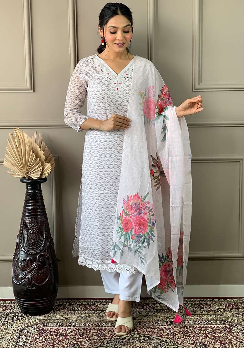 Off White Embroidered Rayon Kurta Set - Indya