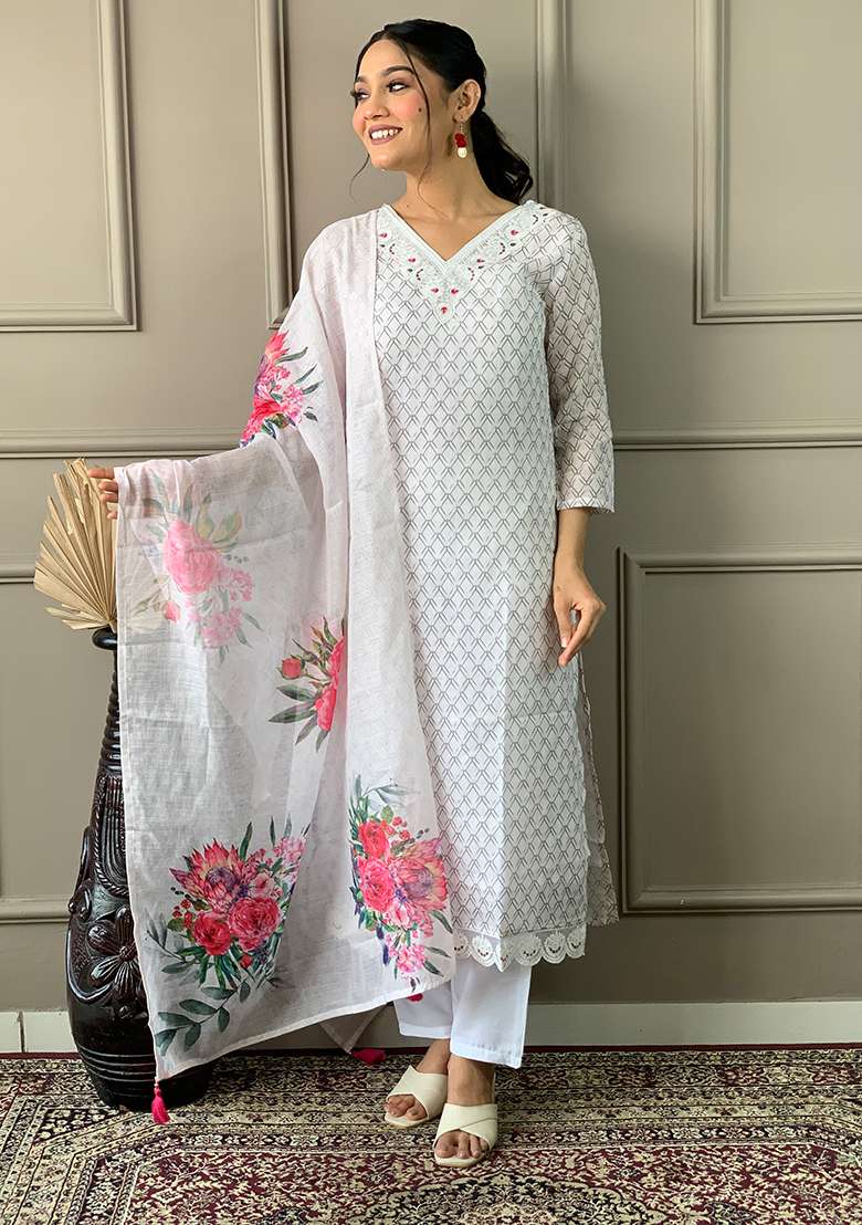 Off White Embroidered Rayon Kurta Set - Indya
