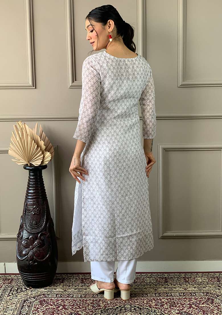 Off White Embroidered Rayon Kurta Set - Indya