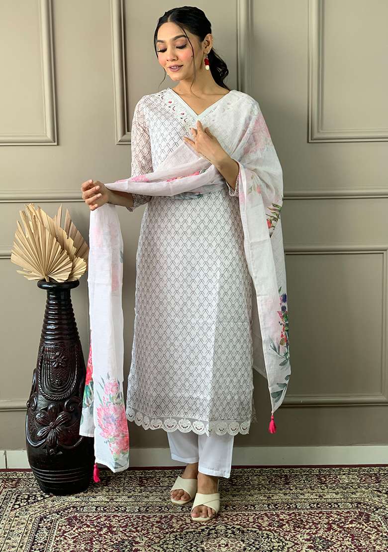 Off White Embroidered Rayon Kurta Set - Indya