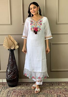 Off White Embroidered Chanderi Kurta Set