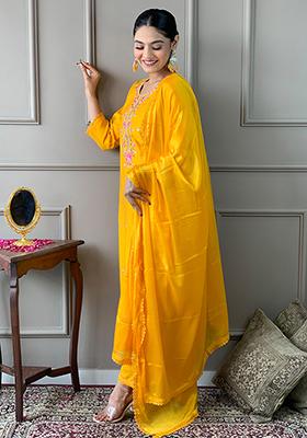 Yellow Embroidered Viscose Chanderi Kurta Set