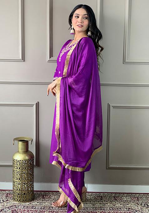 Purple Embroidered Viscose Chanderi Kurta Set