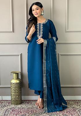 Blue Embroidered Viscose Chanderi Kurta Set