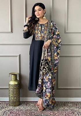 Black Embroidered Viscose Chanderi Kurta Set