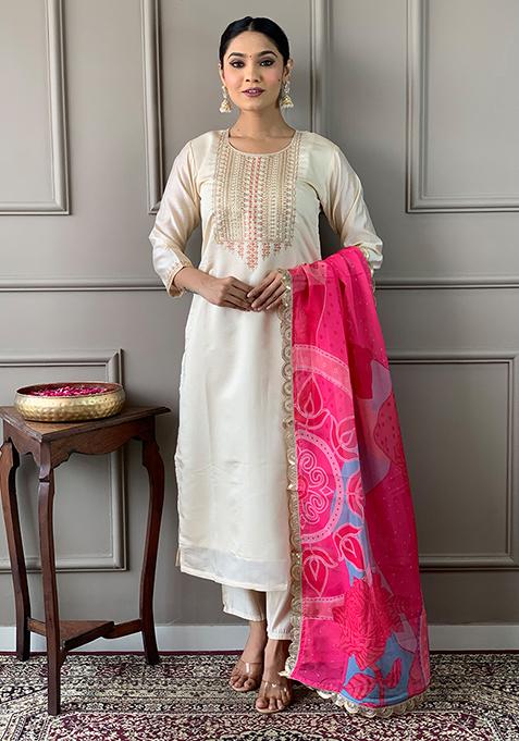 Cream Embroidered Viscose Chanderi Kurta Set