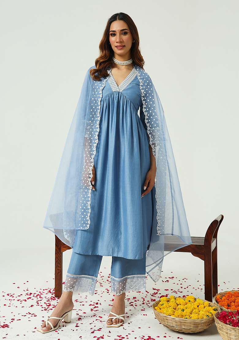 Blue Embroidered Silk Blend Kurta Set - Indya