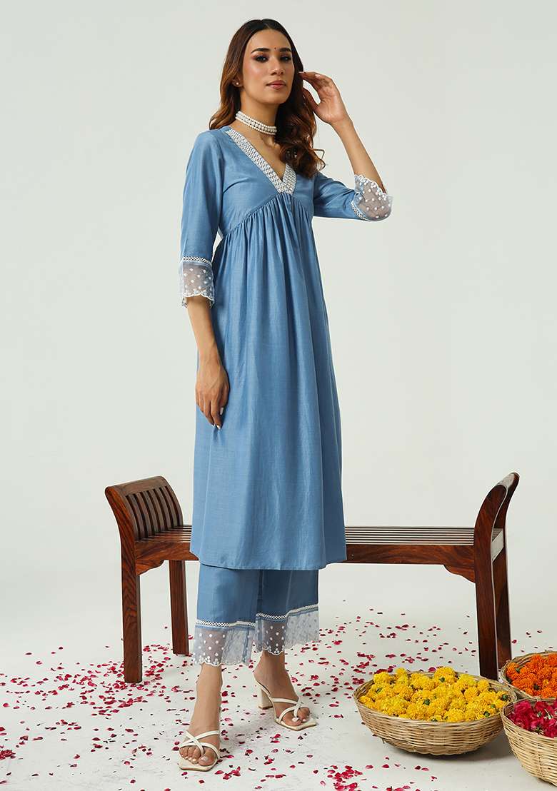 Blue Embroidered Silk Blend Kurta Set - Indya