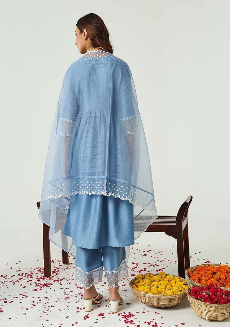 Blue Embroidered Silk Blend Kurta Set - Indya
