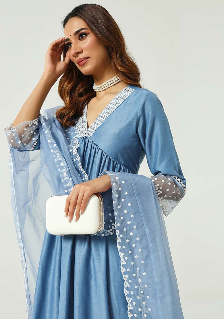 Blue Embroidered Silk Blend Kurta Set - Indya