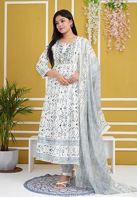 White Embroidered Rayon Cotton Kurta Set