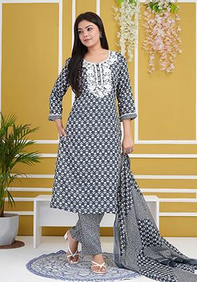 Grey Embroidered Rayon Cotton Kurta Set