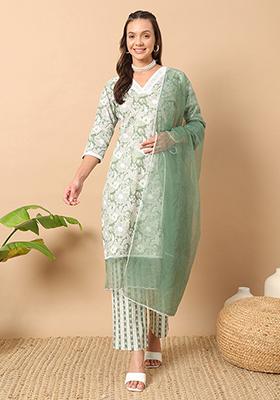 Green Printed Cotton Kurta Set