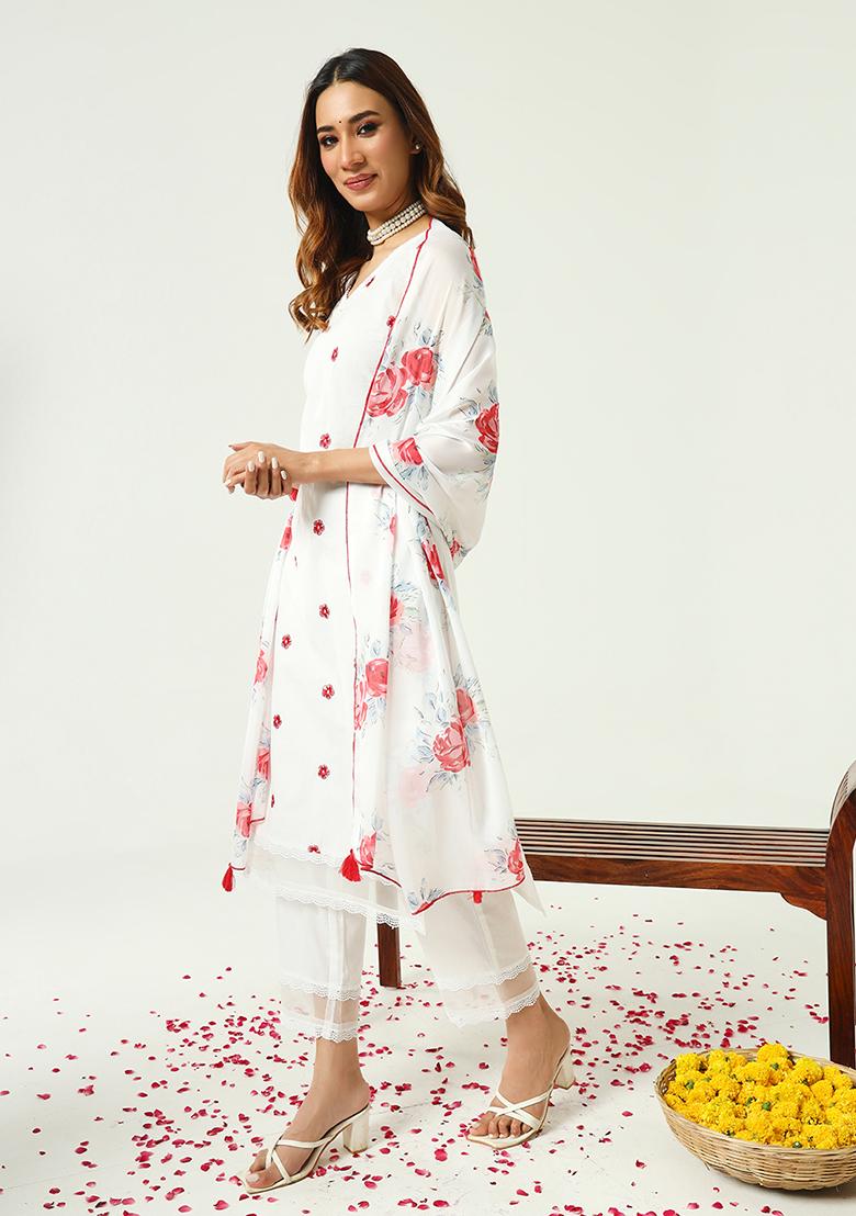 White Printed Cotton Kurta Set